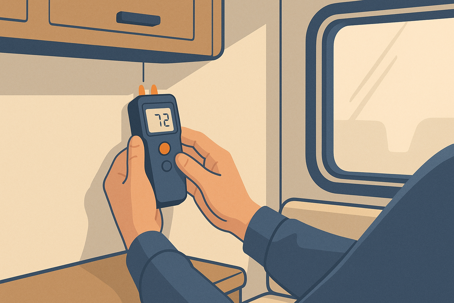 Tecnico che controlla con un igrometro la parete interna della cellula di un camper usato