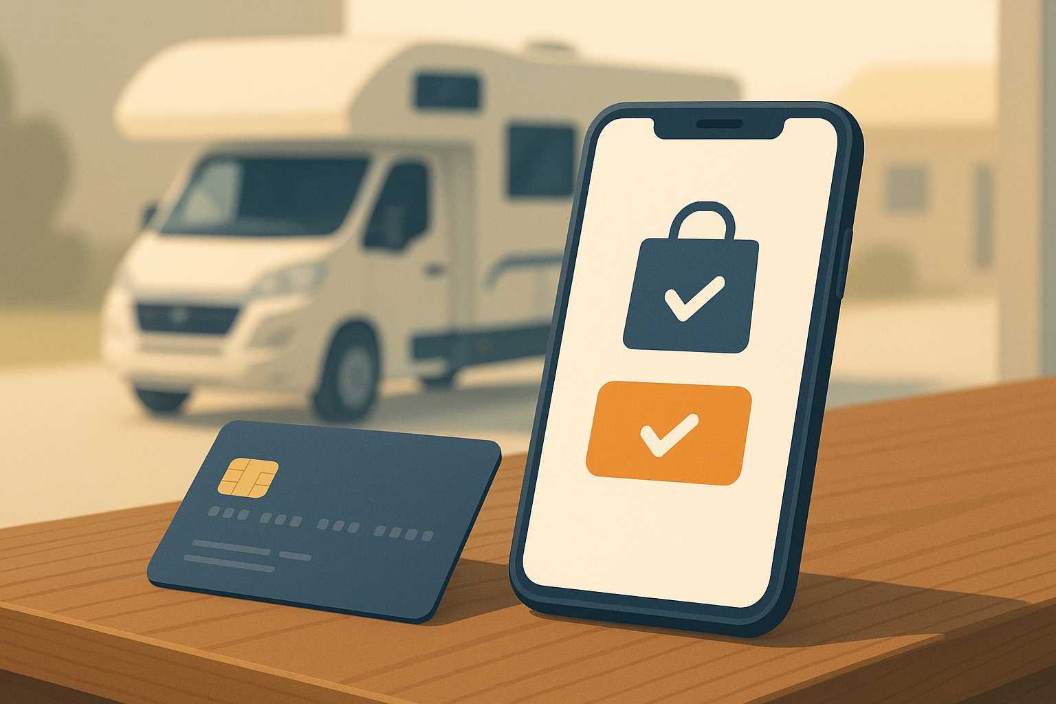Carta di credito e smartphone con notifica di pagamento sul tavolo di un'area di ritiro camper