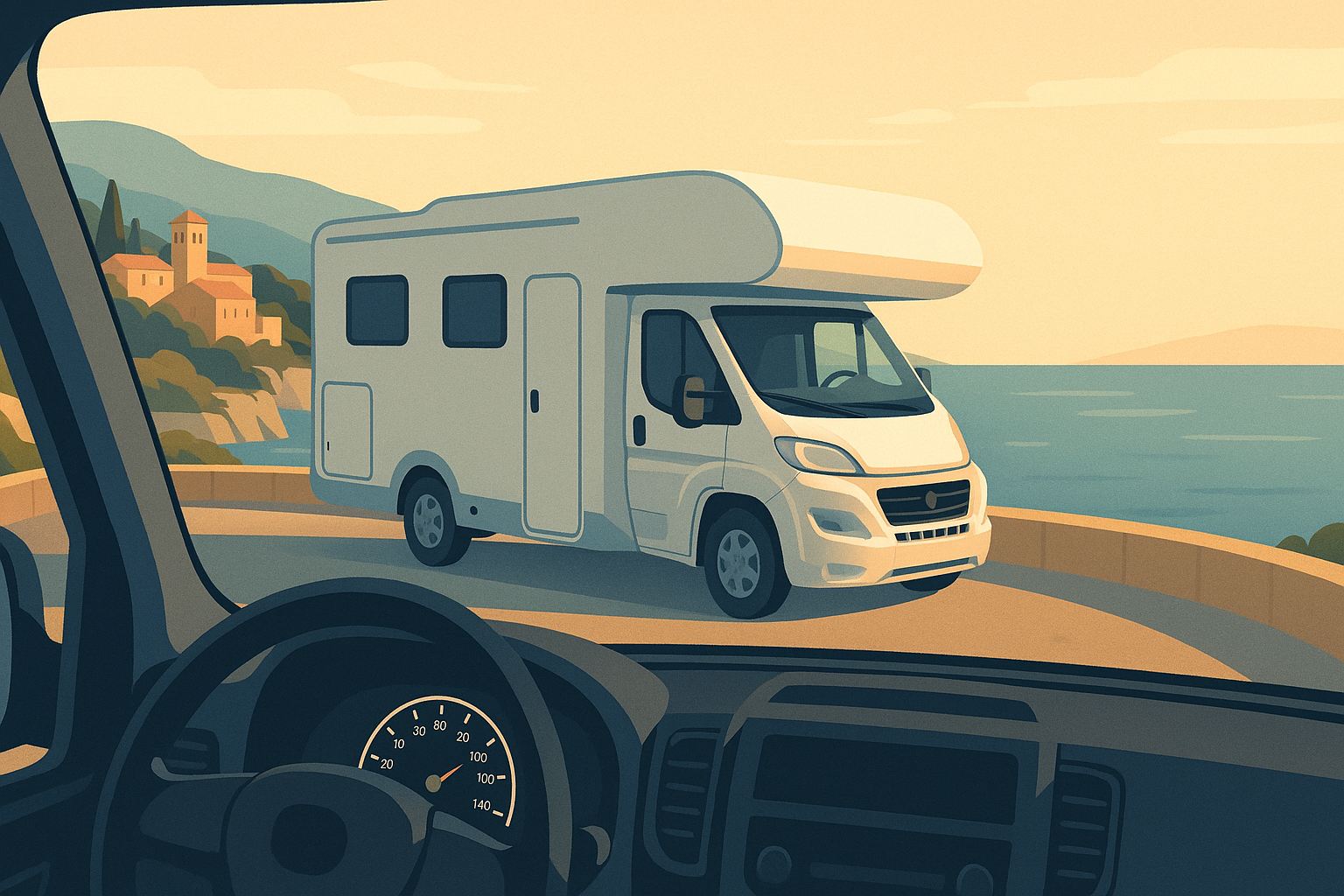 Camper parcheggiato lungo una strada panoramica con il cruscotto che mostra il contachilometri