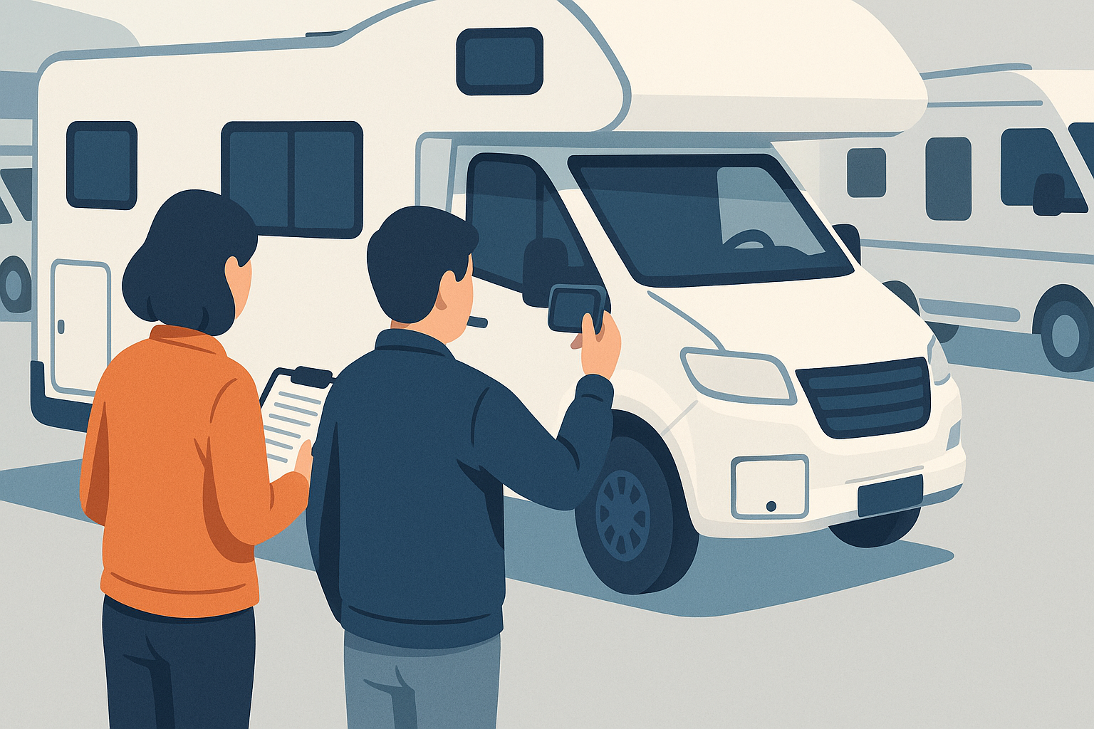 Addetto e cliente controllano la fiancata di un camper con un modulo di consegna in mano