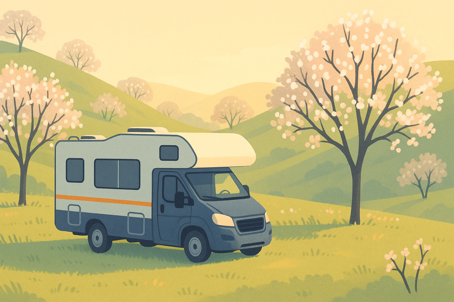 Camper parcheggiato su una piazzola erbosa tra colline fiorite al mattino presto