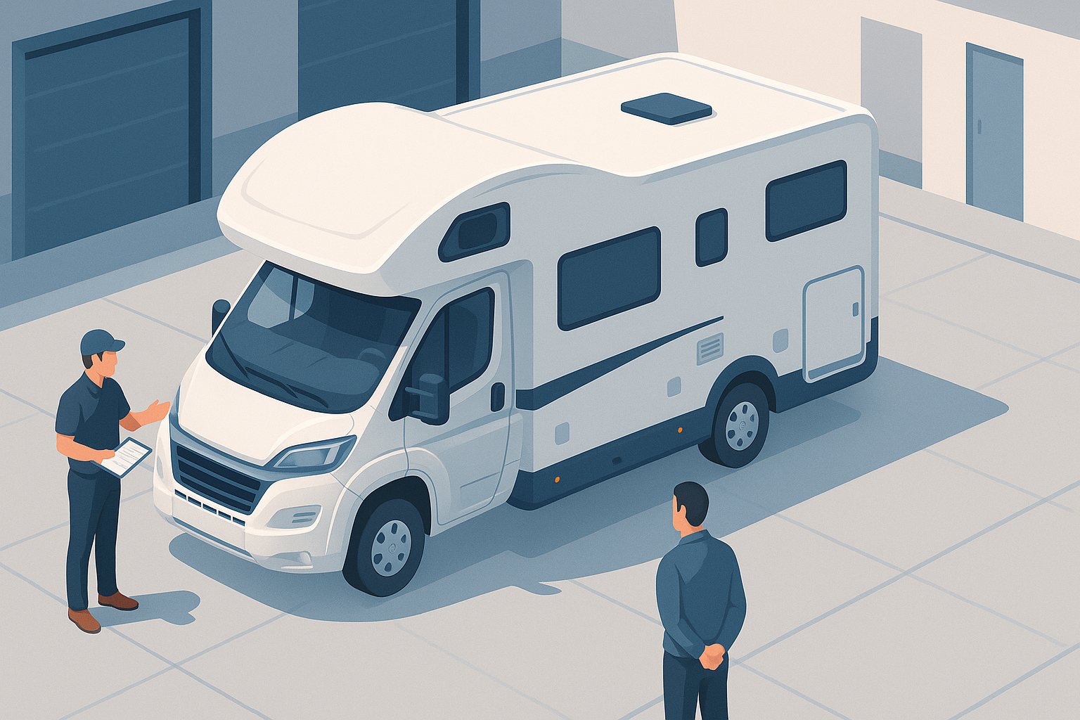 Consegna delle chiavi di un camper semintegrale davanti a una sede di noleggio, con addetto e cliente che controllano il veicolo