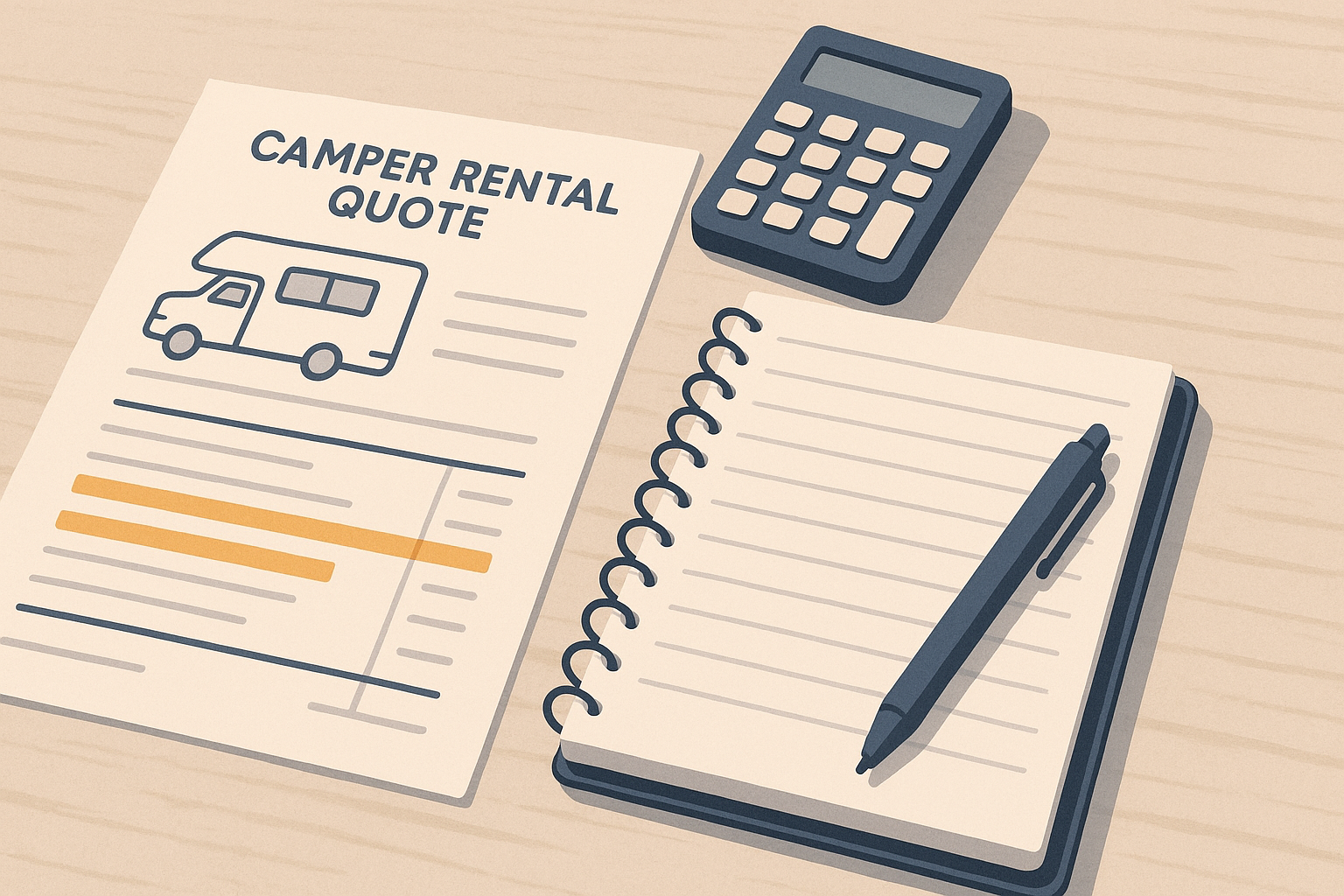 Preventivo di noleggio camper con le voci di supplemento e franchigia evidenziate accanto a un taccuino