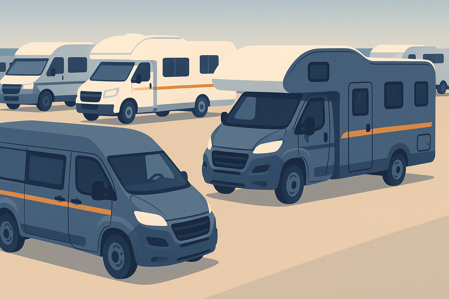 Piazzale con camper di diverse dimensioni allineati davanti a un centro di noleggio