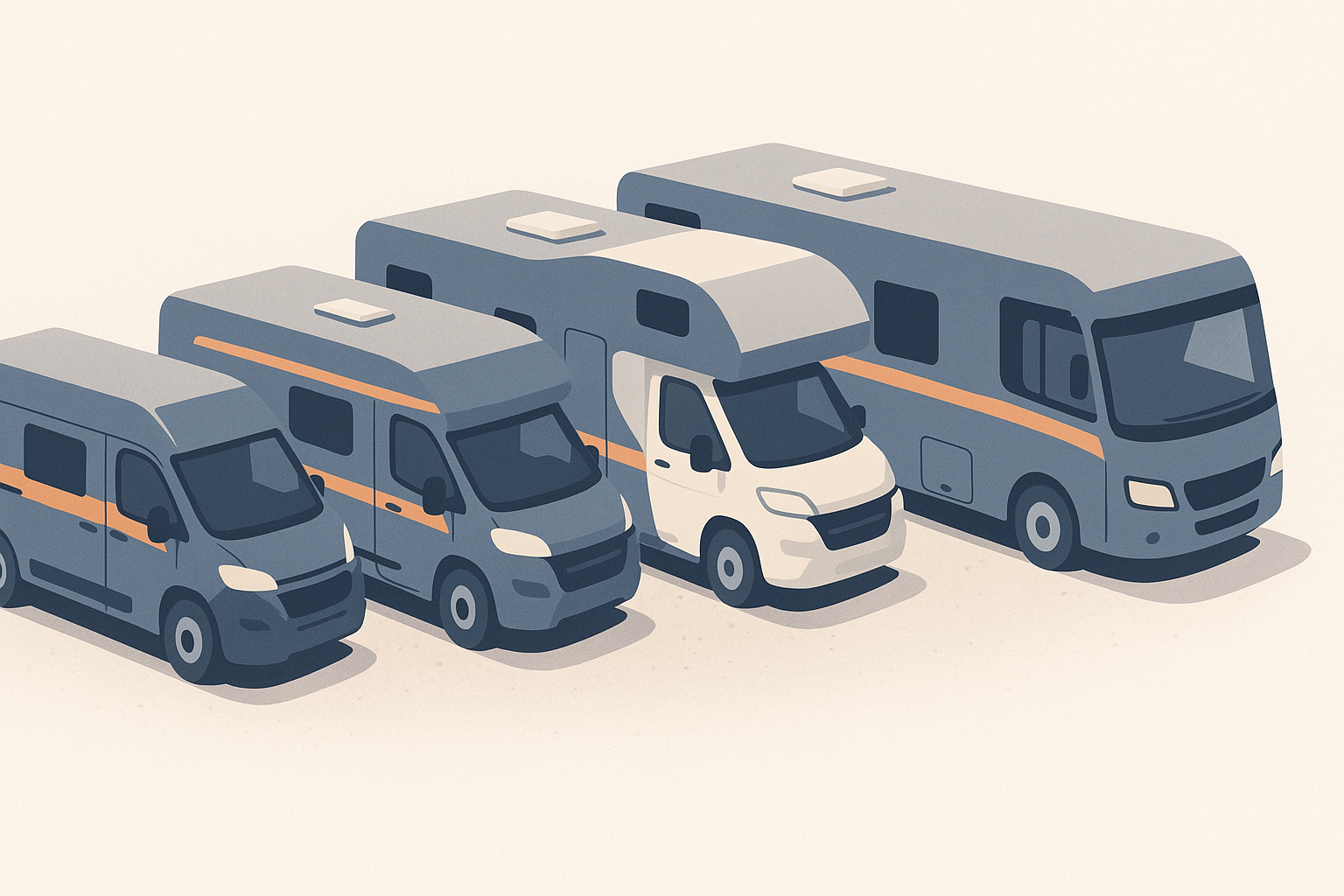 Quattro camper di tipologie diverse affiancati su un piazzale: van, semintegrale, mansardato e motorhome