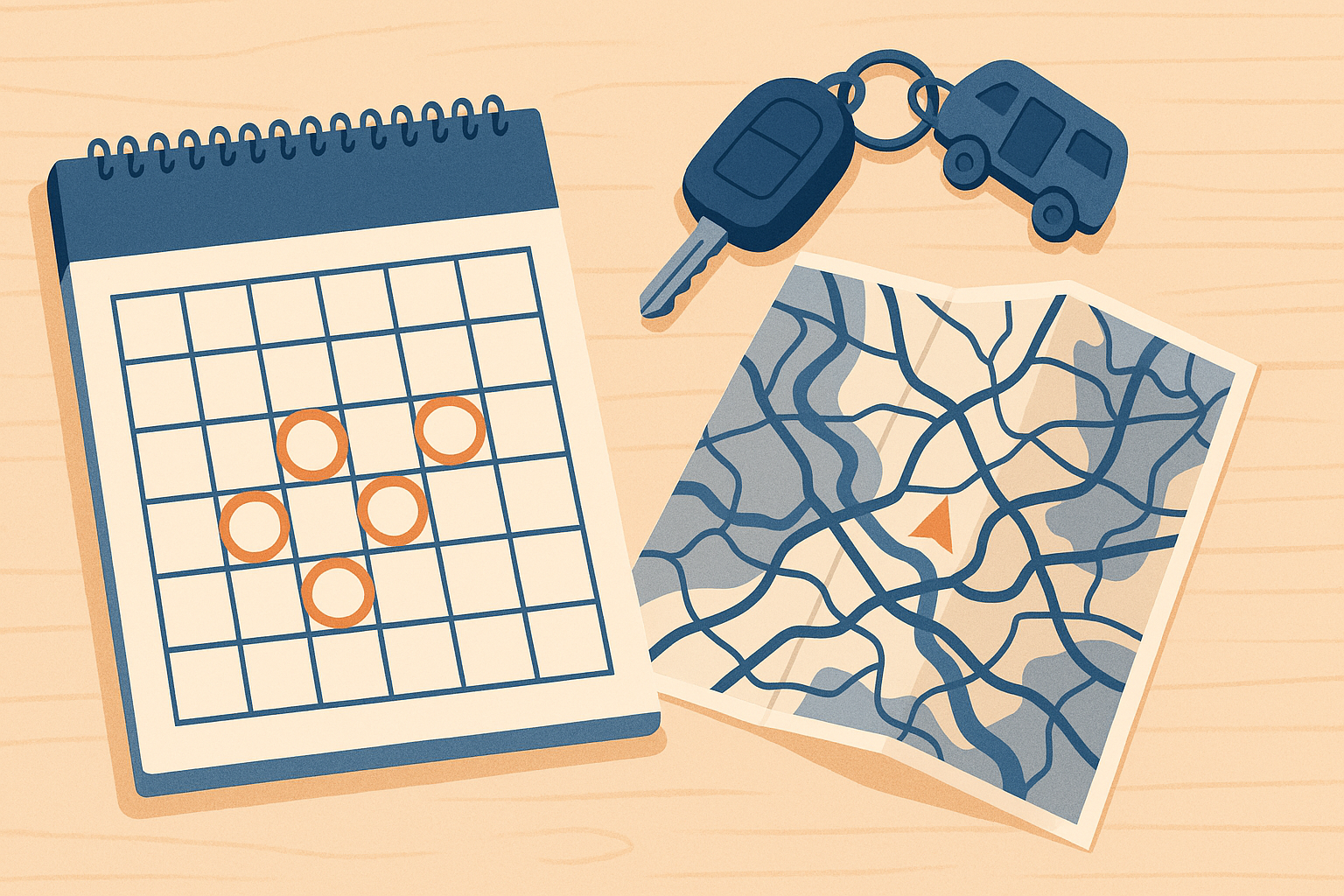 Calendario estivo con date cerchiate accanto a mappa stradale e chiavi di un camper