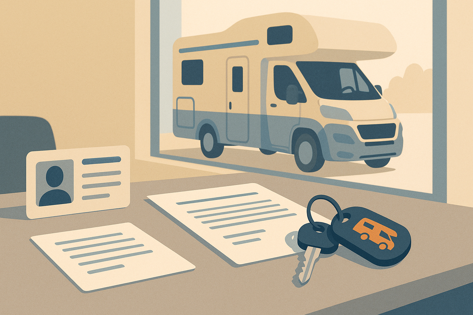 Banco di un noleggiatore di camper con patente e contratto appoggiati accanto alle chiavi del mezzo