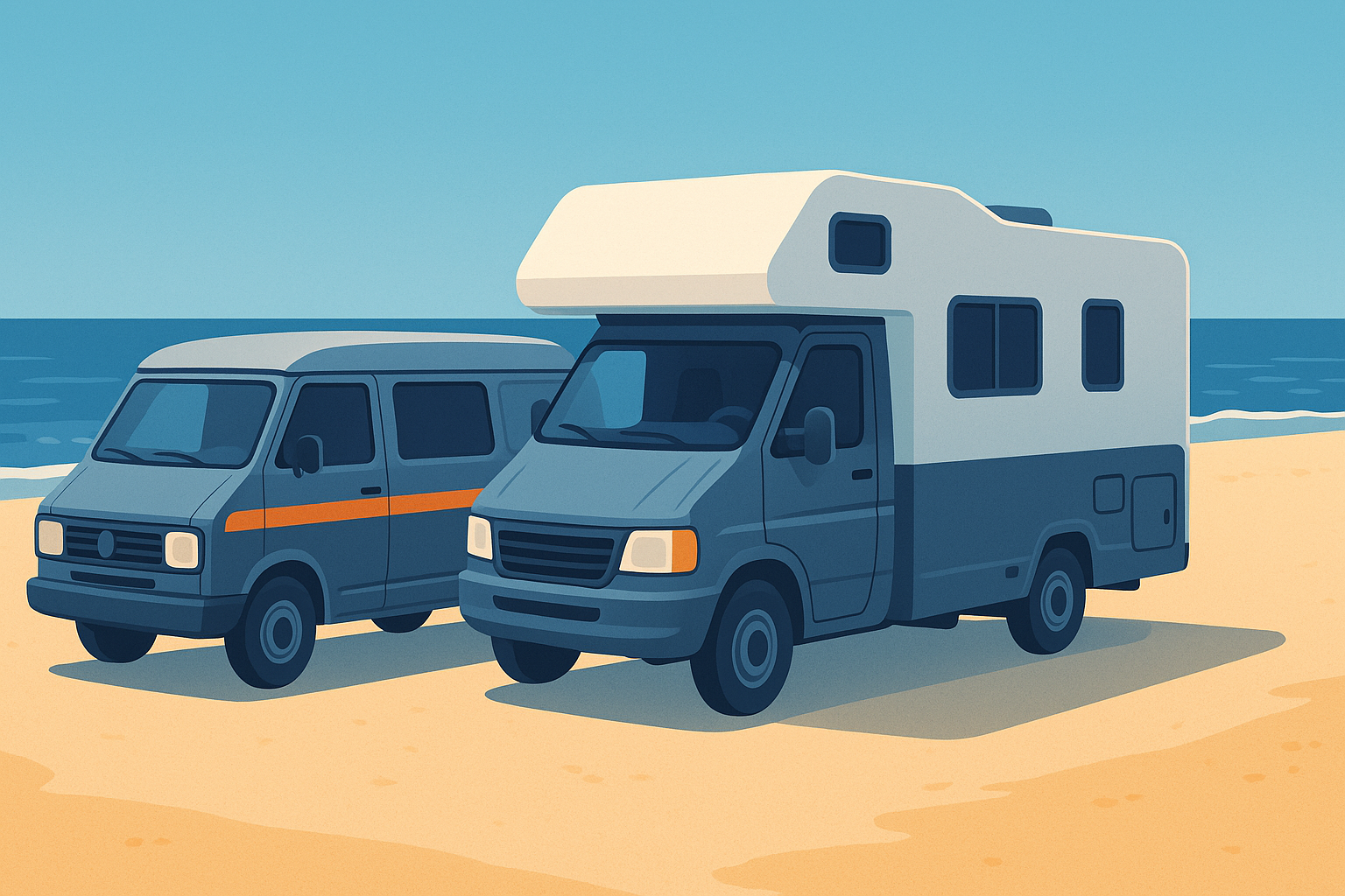 Van camperizzato e camper mansardato parcheggiati accanto a una spiaggia in una giornata d'estate