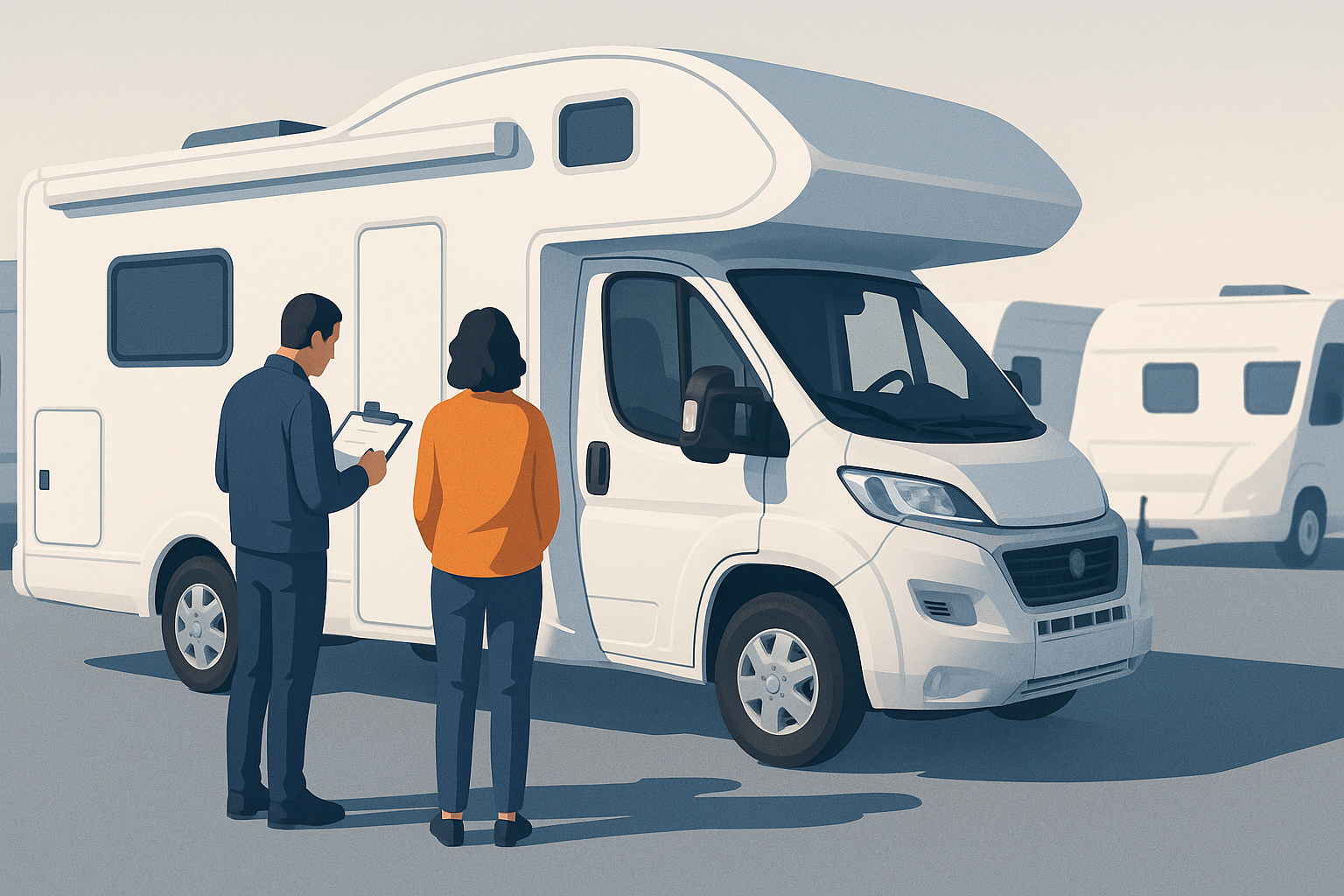 Addetto e cliente che ispezionano insieme la fiancata di un camper con un modulo in mano