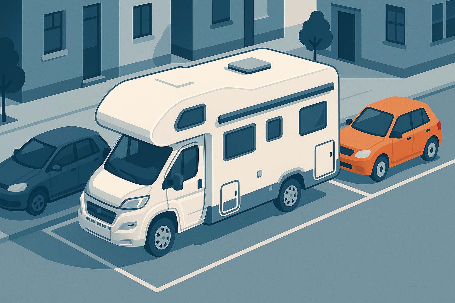 Camper parcheggiato lungo una strada con tendalino chiuso e nessun oggetto all'esterno, accanto ad auto in sosta