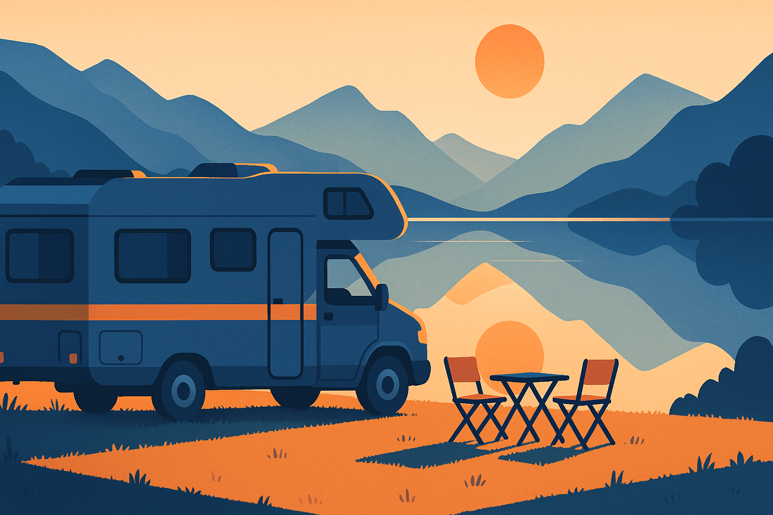 Camper parcheggiato su una piazzola vicino a un lago con tavolino e sedie all'aperto